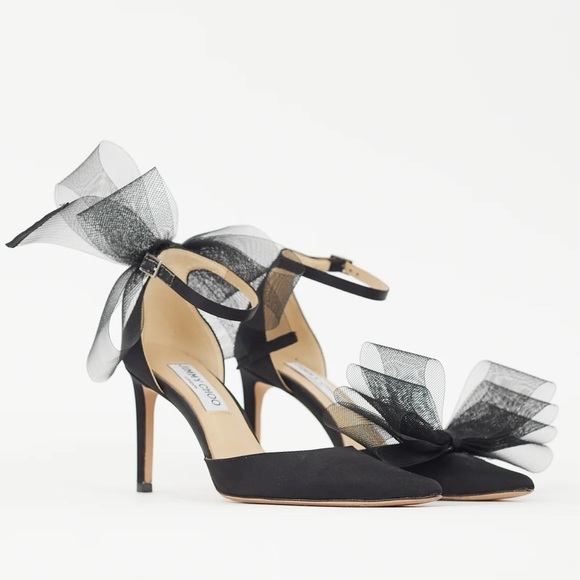 Jimmy Choo Averly 100 Black Mesh Bow Satin Pointed Toe Stiletto Heel Pumps - Picture 5 of 9